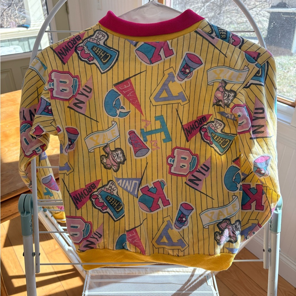 Vintage Yellow Graphic Polo Sweater with Pink Collar - Picture 2 of 3